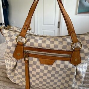 Louis Buitton Cream Damiet Tote with Brown Leather Trim